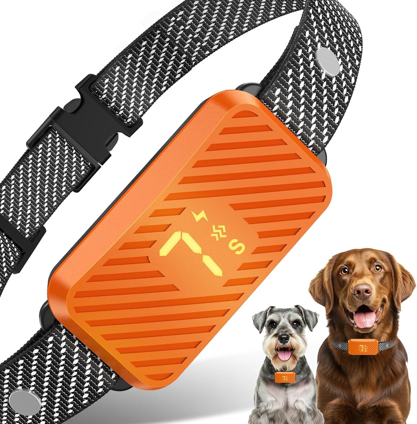 KJKZO dog bark collar for small medium large dogs. no shock rechargeable anti-bark collar. waterproof dog bark training collar. KJKZO smart bark control collar with vibration and beep. adjustable humane bark collar for all dog sizes. anti-barking collar with 3 modes and 7 sensitivity levels. USB rechargeable dog training collar. pet-safe no shock barking collar. AI-powered smart bark detector collar. orange waterproof dog bark collar.dog wearing KJKZO anti-bark collar outdoors. lightweight and comfortable