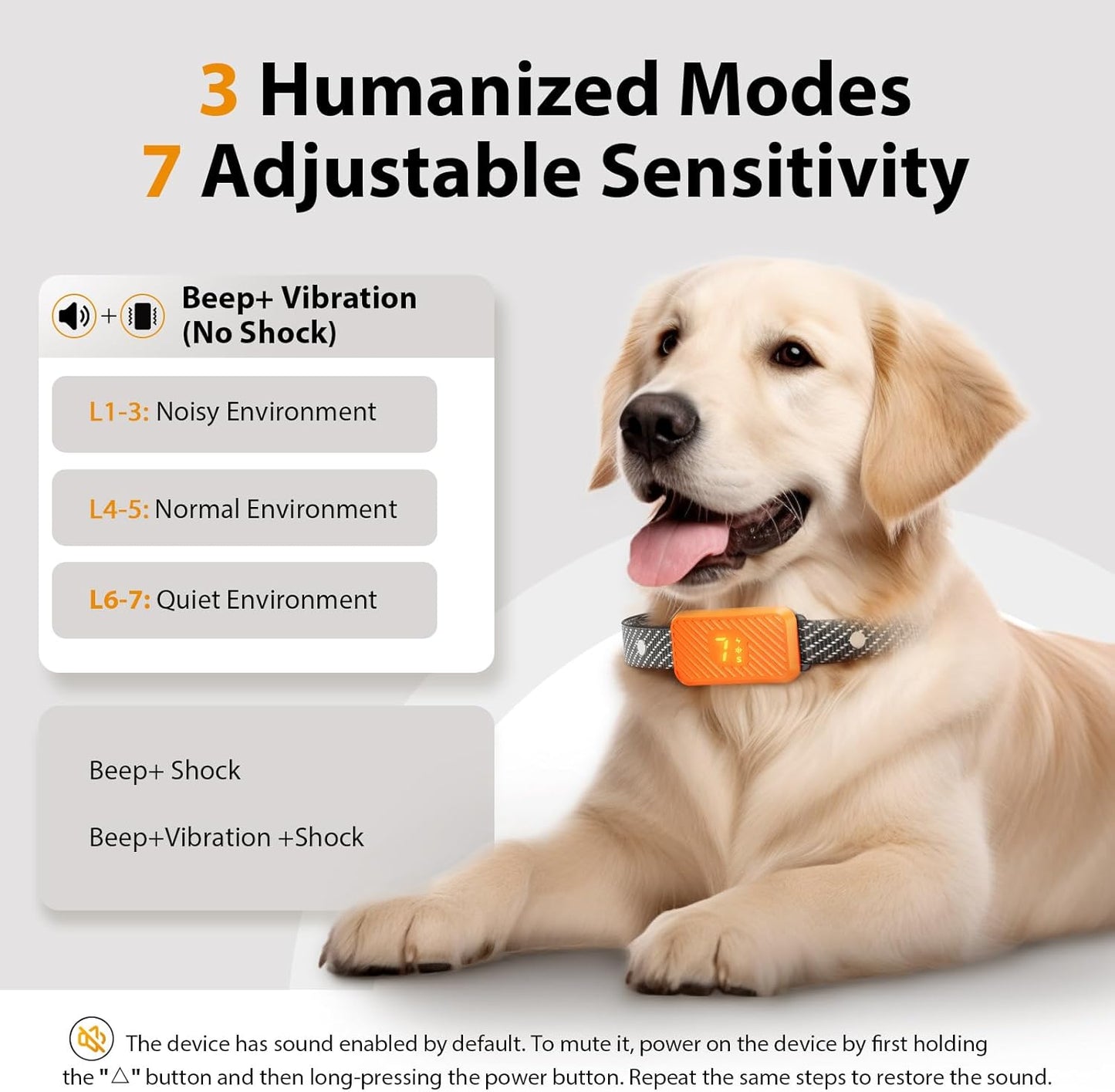 KJKZO dog bark collar for small medium large dogs. no shock rechargeable anti-bark collar. waterproof dog bark training collar. KJKZO smart bark control collar with vibration and beep. adjustable humane bark collar for all dog sizes. anti-barking collar with 3 modes and 7 sensitivity levels. USB rechargeable dog training collar. pet-safe no shock barking collar. AI-powered smart bark detector collar. orange waterproof dog bark collar.dog wearing KJKZO anti-bark collar outdoors. lightweight and comfortable