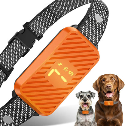 KJKZO dog bark collar for small medium large dogs. no shock rechargeable anti-bark collar. waterproof dog bark training collar. KJKZO smart bark control collar with vibration and beep. adjustable humane bark collar for all dog sizes. anti-barking collar with 3 modes and 7 sensitivity levels. USB rechargeable dog training collar. pet-safe no shock barking collar. AI-powered smart bark detector collar. orange waterproof dog bark collar.dog wearing KJKZO anti-bark collar outdoors. lightweight and comfortable 