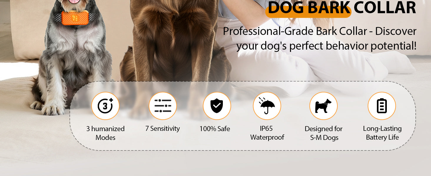 KJKZO dog bark collar for small medium large dogs. no shock rechargeable anti-bark collar. waterproof dog bark training collar. KJKZO smart bark control collar with vibration and beep. adjustable humane bark collar for all dog sizes. anti-barking collar with 3 modes and 7 sensitivity levels. USB rechargeable dog training collar. pet-safe no shock barking collar. AI-powered smart bark detector collar. orange waterproof dog bark collar.dog wearing KJKZO anti-bark collar outdoors. lightweight and comfortable 