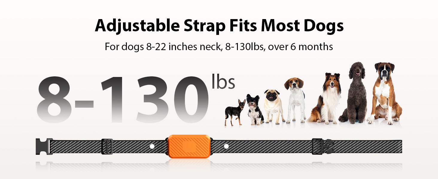 KJKZO smart dog bark collar with AI bark detection. no-shock bark collar for small, medium, and large dogs. dog wearing waterproof KJKZO bark collar outdoors. rechargeable dog training collar with USB Type-C charging. three training modes shown on KJKZO bark collar screen. 7 sensitivity levels on KJKZO anti-bark collar interface. KJKZO dog bark collar with adjustable nylon strap. lightweight and humane dog training collar in orange. pet-safe bark collar with automatic safety shutoff