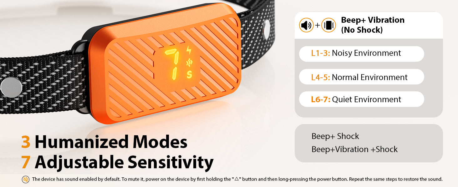 KJKZO smart dog bark collar with AI bark detection. no-shock bark collar for small, medium, and large dogs. dog wearing waterproof KJKZO bark collar outdoors. rechargeable dog training collar with USB Type-C charging. three training modes shown on KJKZO bark collar screen. 7 sensitivity levels on KJKZO anti-bark collar interface. KJKZO dog bark collar with adjustable nylon strap. lightweight and humane dog training collar in orange. pet-safe bark collar with automatic safety shutoff